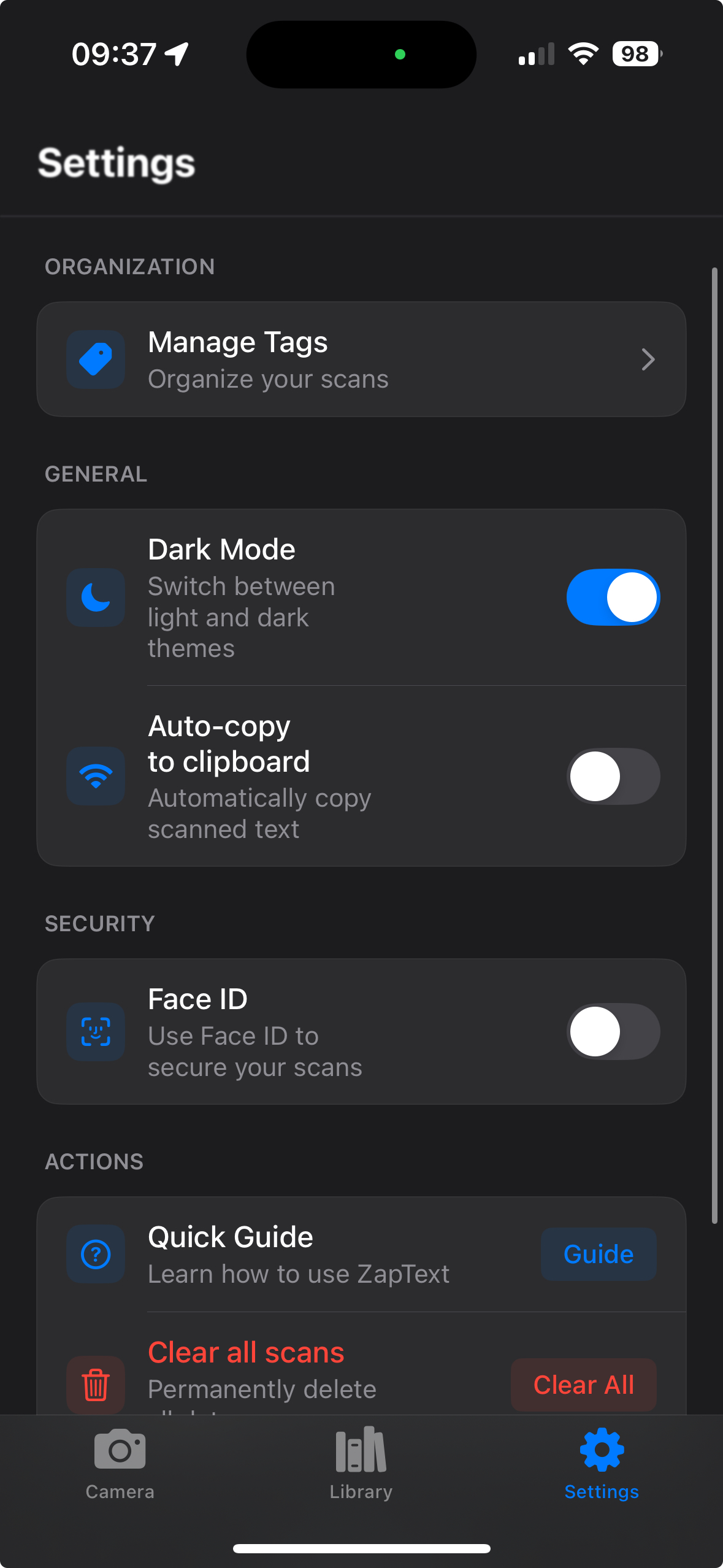 ZapText privacy settings and on-device processing